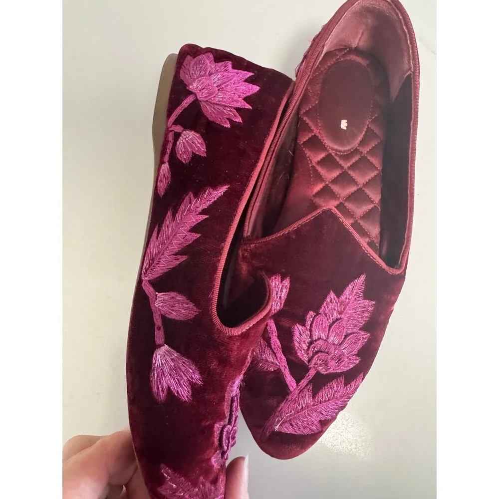 Birdies Heron Embroidered Flat in Crimson Velvet, featuring metallic floral - Picture 9 of 9